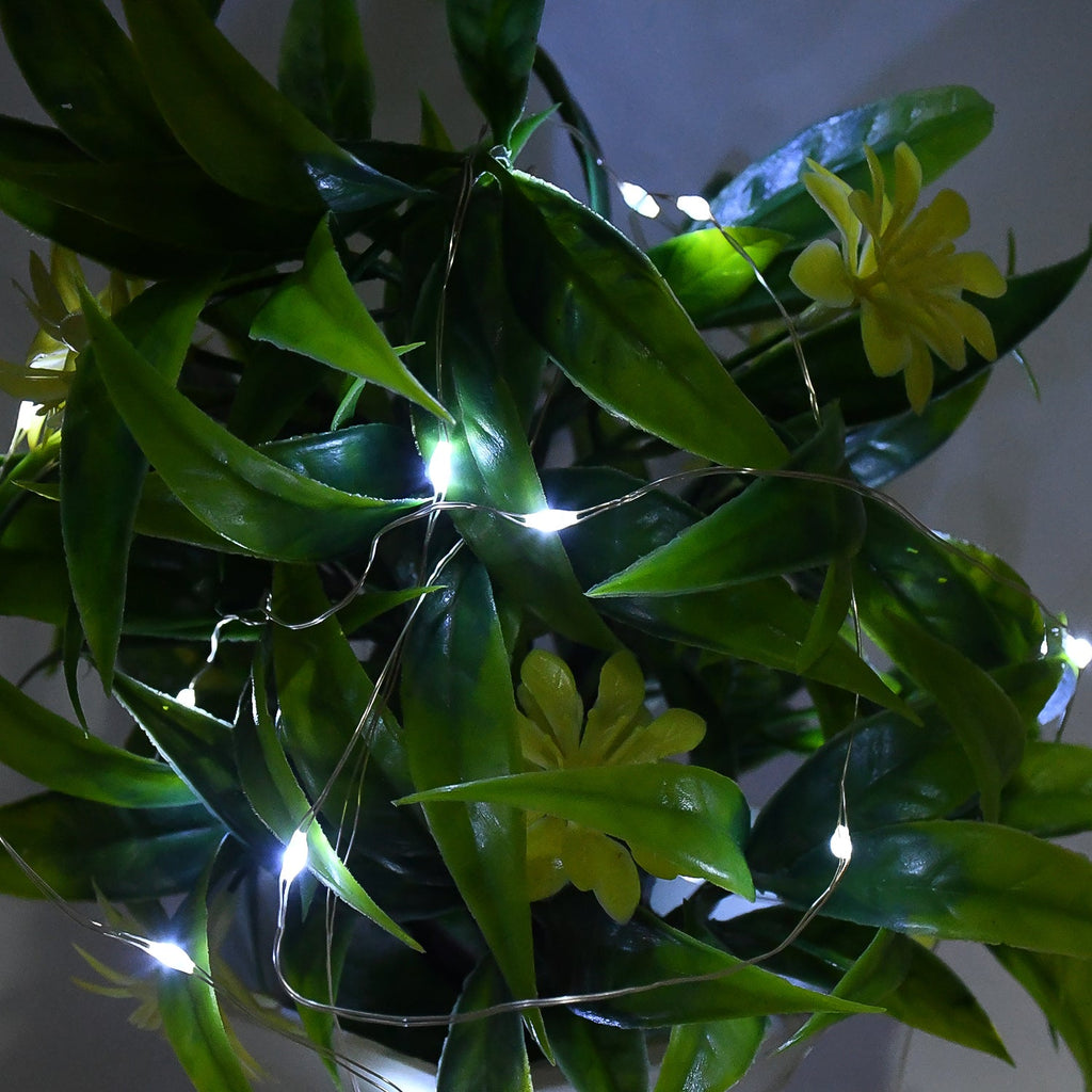Warm white LED cork bottle string lights illuminating a beverage bottle