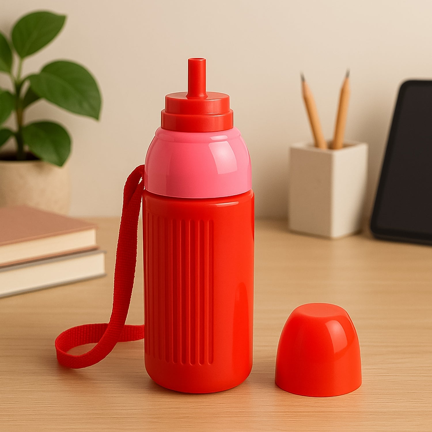 Blue insulated water bottle 500ml standing upright, showing the attached carry strap.