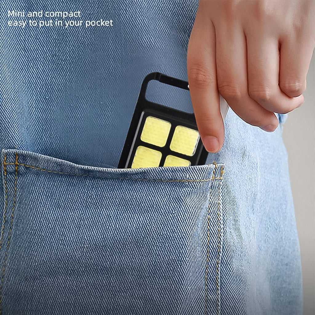 Mini LED keychain light showcasing its three distinct lighting modes.
