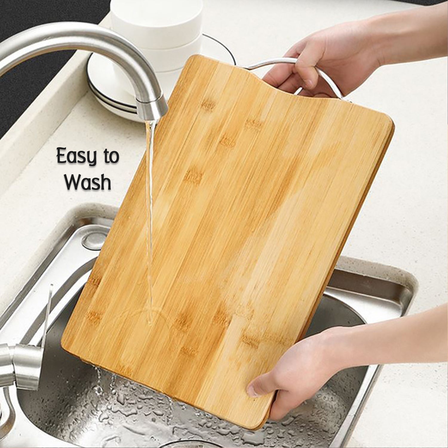 Angled view of a sturdy wooden chopping board featuring an integrated holder.