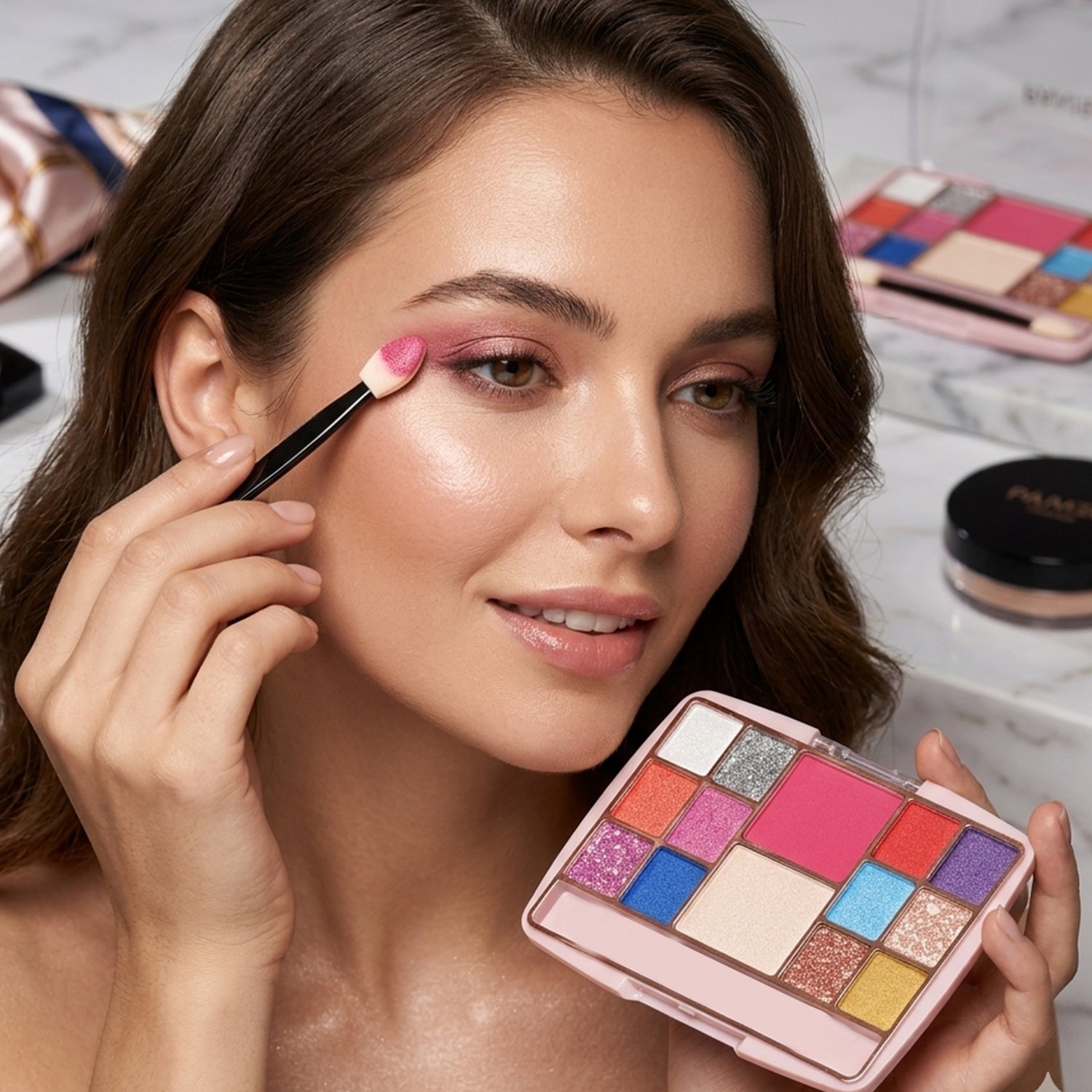 Close-up of colorful eye makeup palette with dual-ended sponge applicator