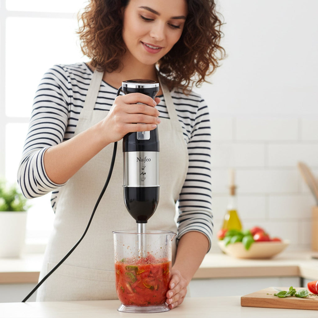 Ergonomic non-slip handle of stainless steel hand blender in kitchen use