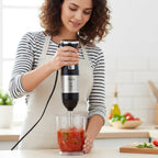 Ergonomic non-slip handle of stainless steel hand blender in kitchen use