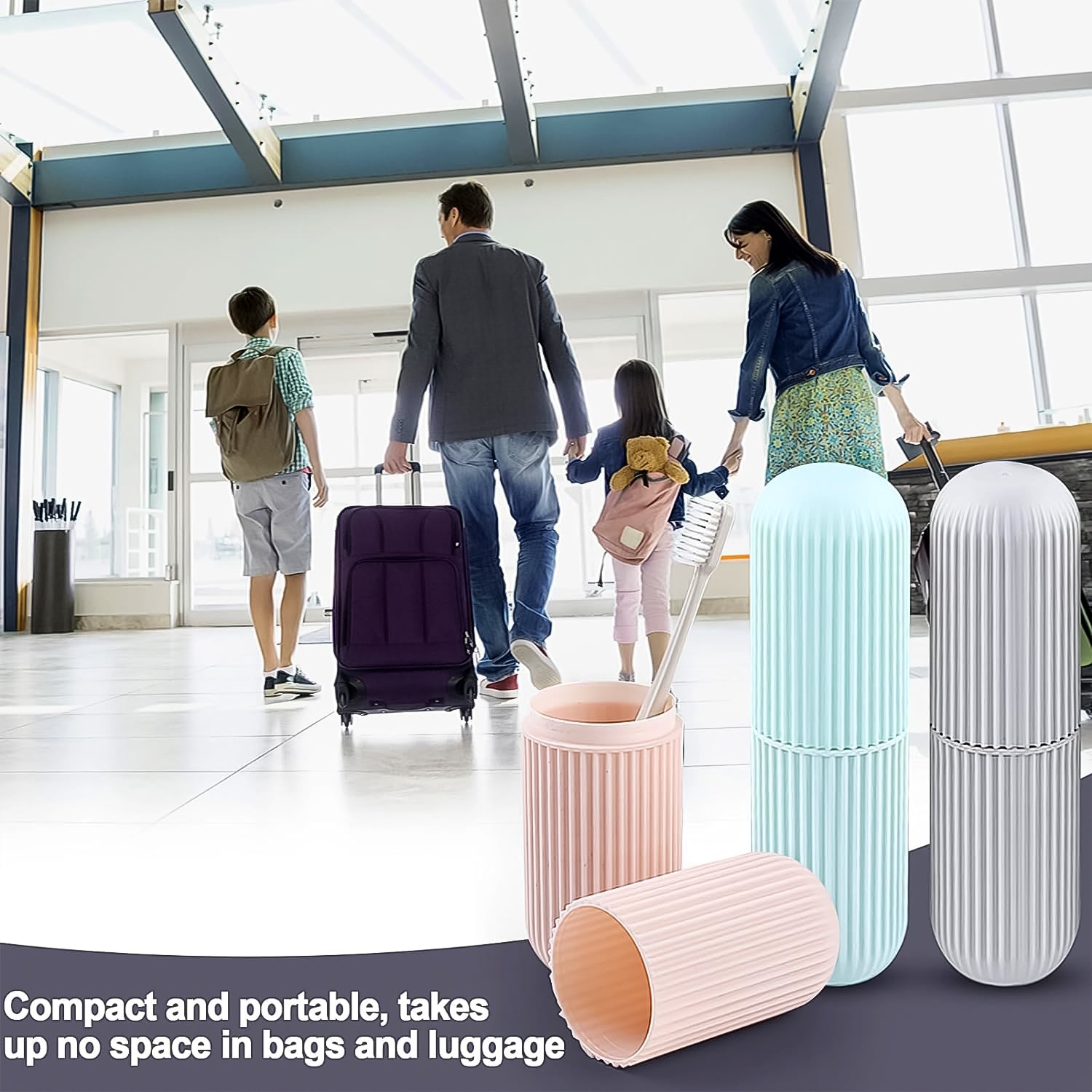 Hand holding a blue Konvex travel toothbrush holder, showcasing its portable design.