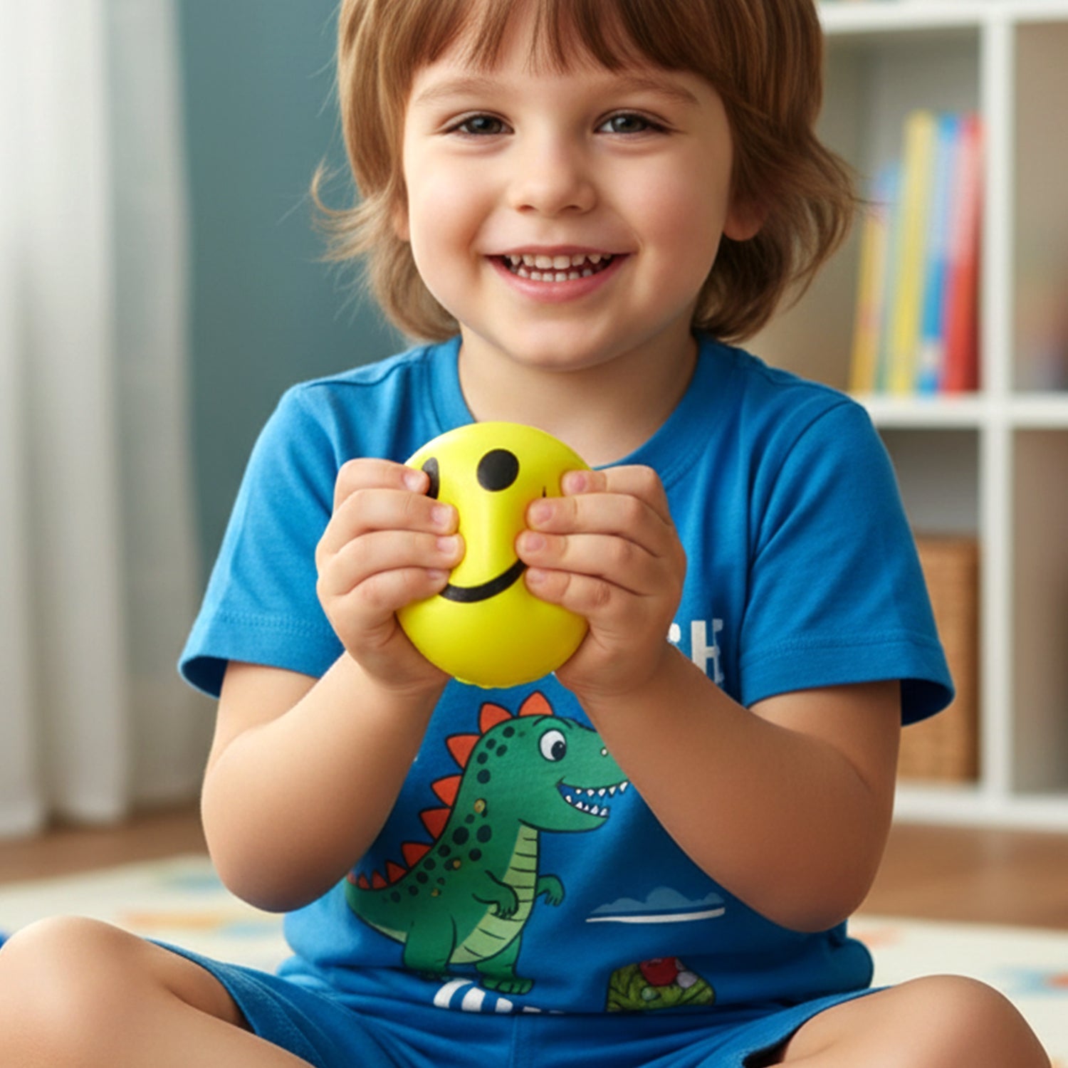 Lightweight foam stress ball with cheerful smiley face design