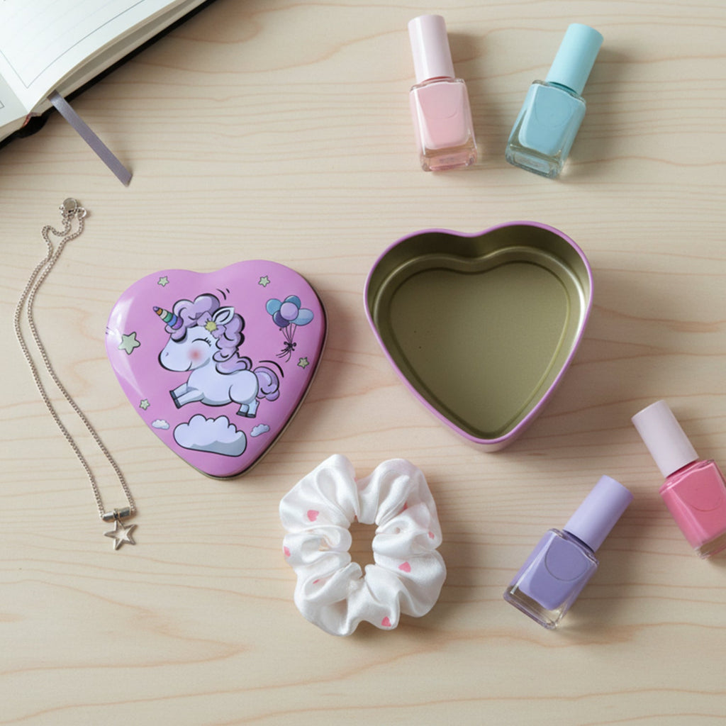 Trinket storage tin box shaped like a heart with unicorn illustration