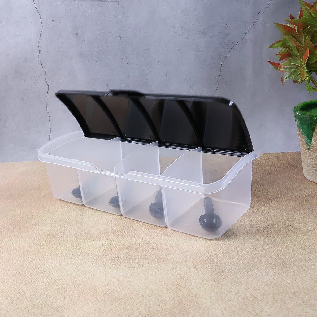 Revolving base design of airtight 4-part spice storage box for convenient use
