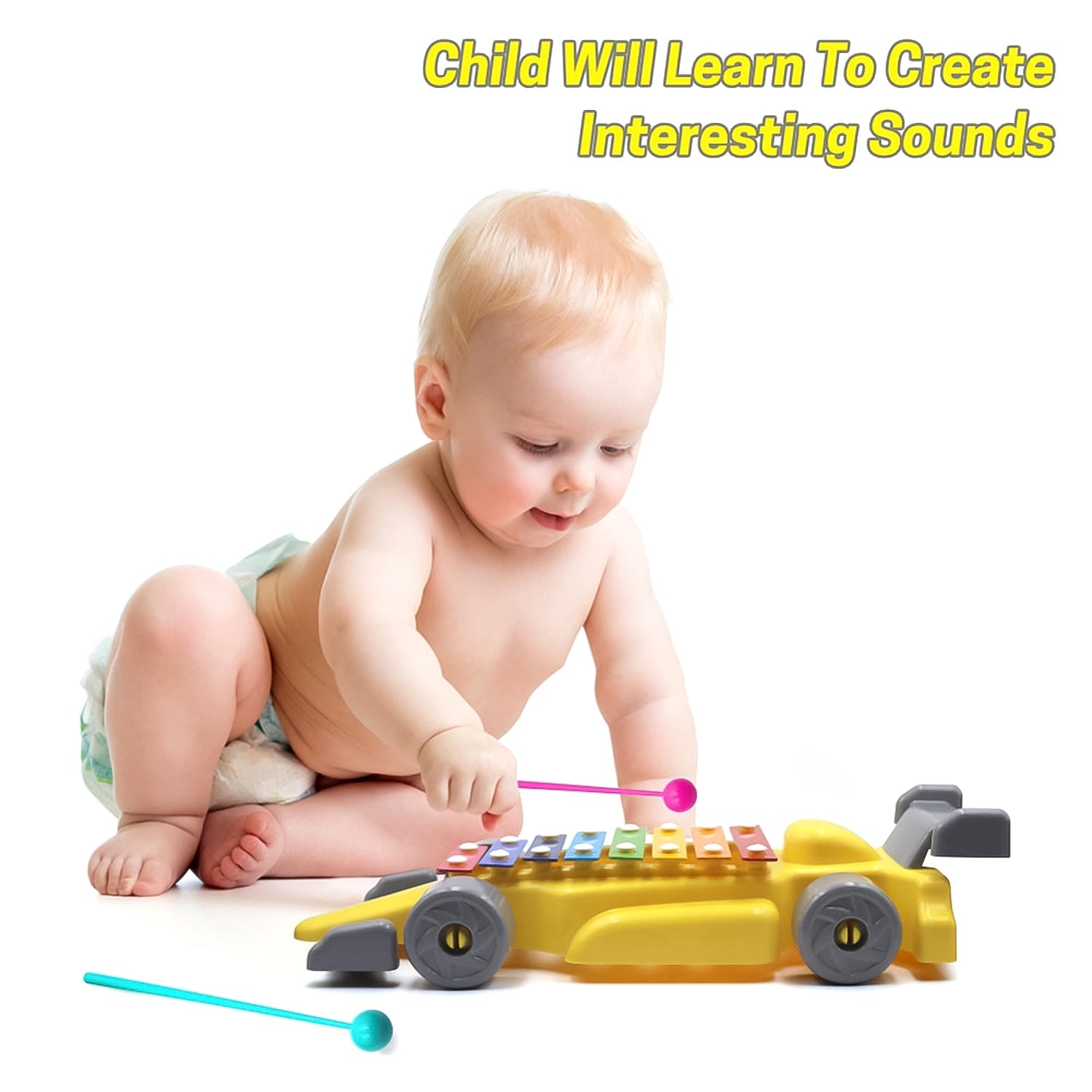 Children's musical car toy, complete with a mallet for interactive and engaging play sessions.