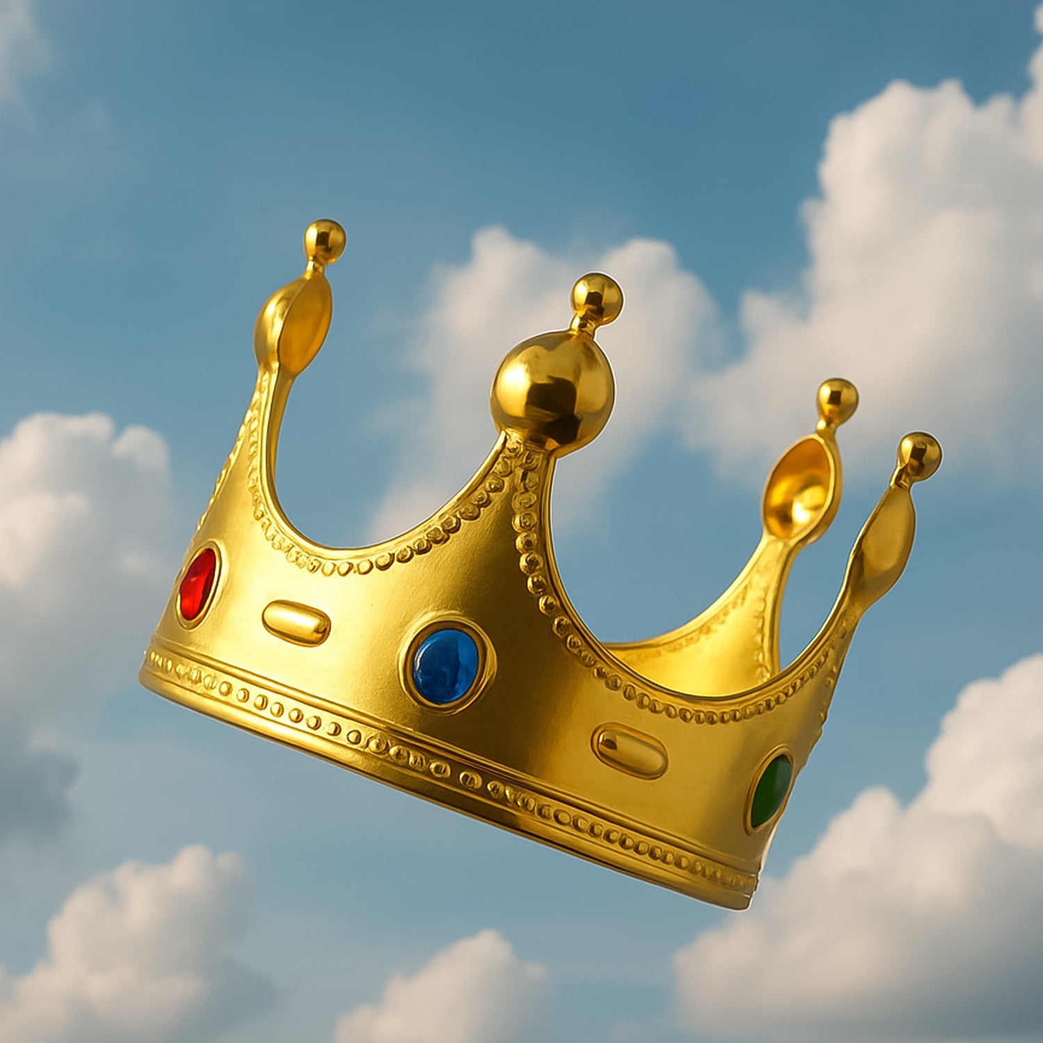 Close-up of royalty-inspired gold crown with gemstones