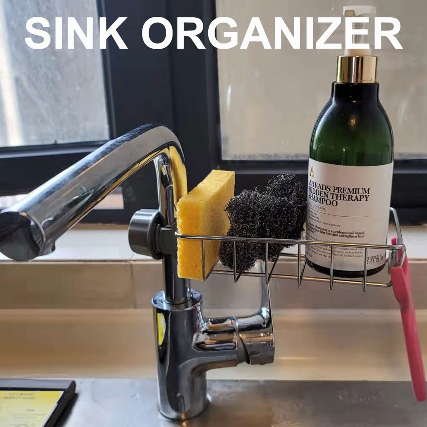 Clamp clip detail on stainless steel sink organizer holder