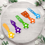 Close-up of the sports-inspired cheese knife set with various blades.