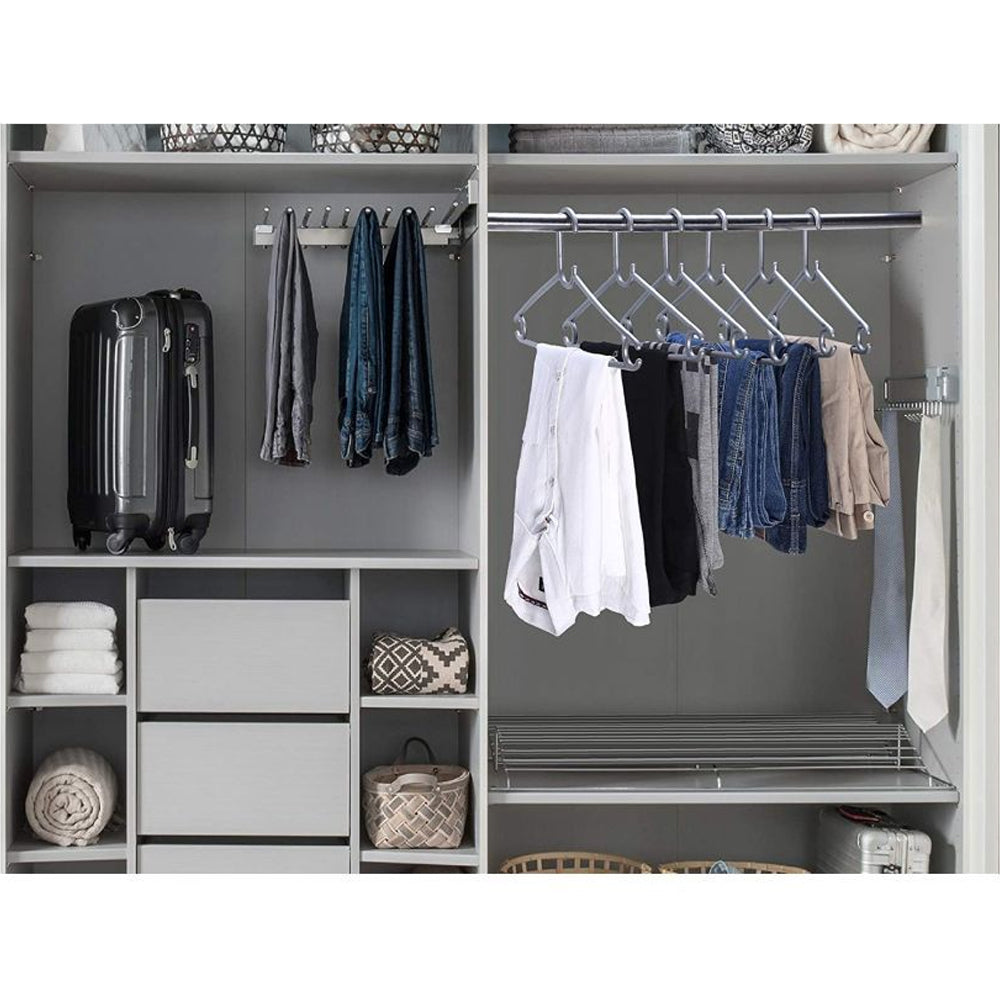 A set of six durable plastic clothes hangers, perfect for organising your wardrobe.