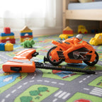 Red toy racing motorcycle with detailed rider figure for kids