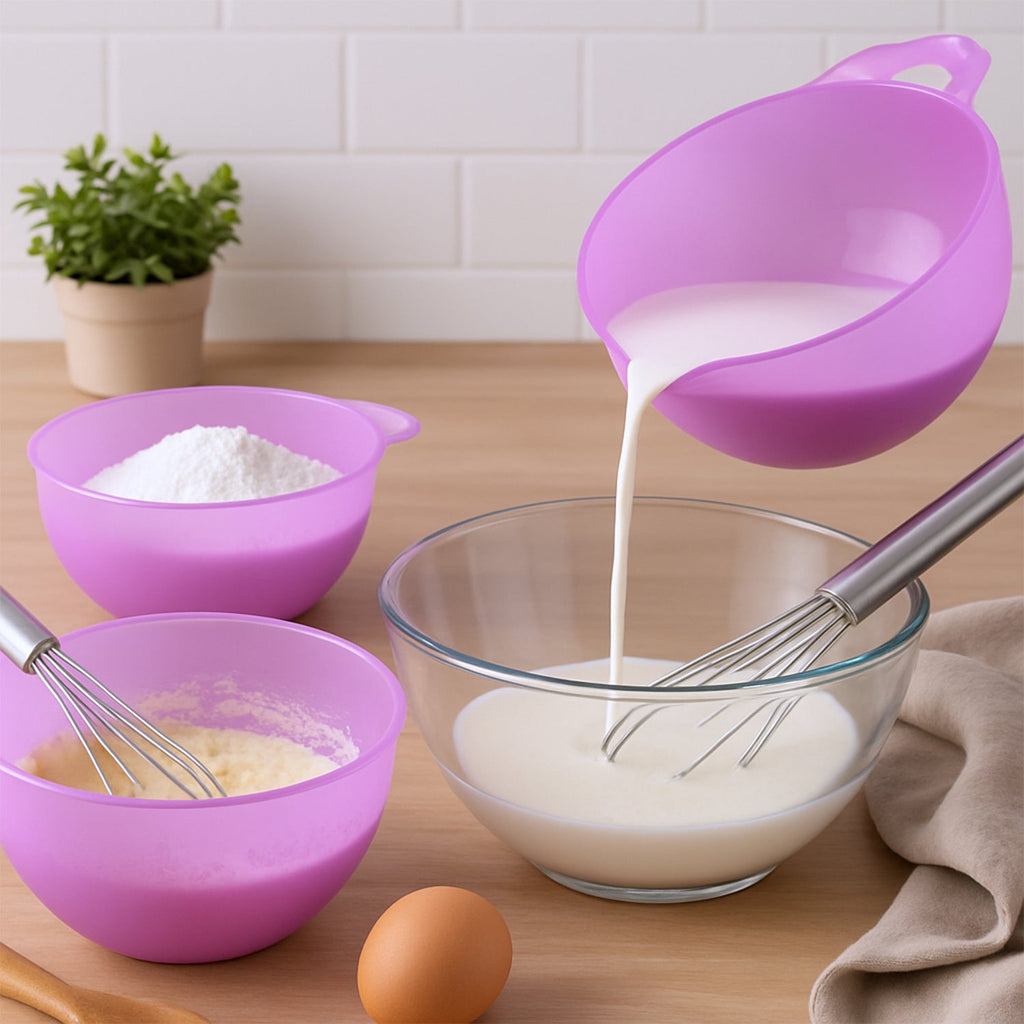Mixing cake batter in BPA-free plastic prep bowl with measurement marks