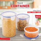 Round plastic containers filled with various food items, illustrating their effectiveness as airtight storage.