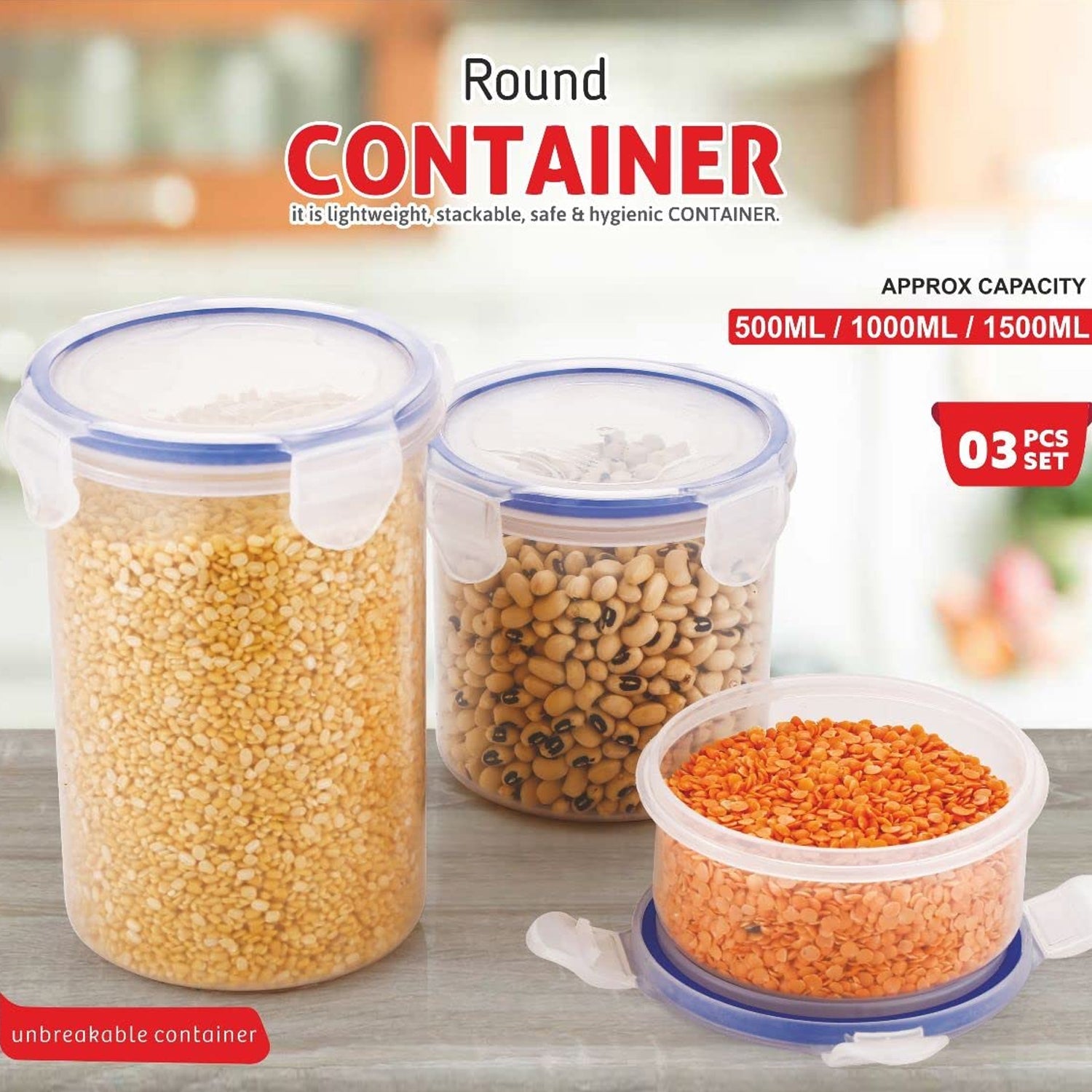 Round plastic containers filled with various food items, illustrating their effectiveness as airtight storage.