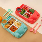 Kids Car Lunch Box Set disassembled, highlighting each food-grade plastic piece.