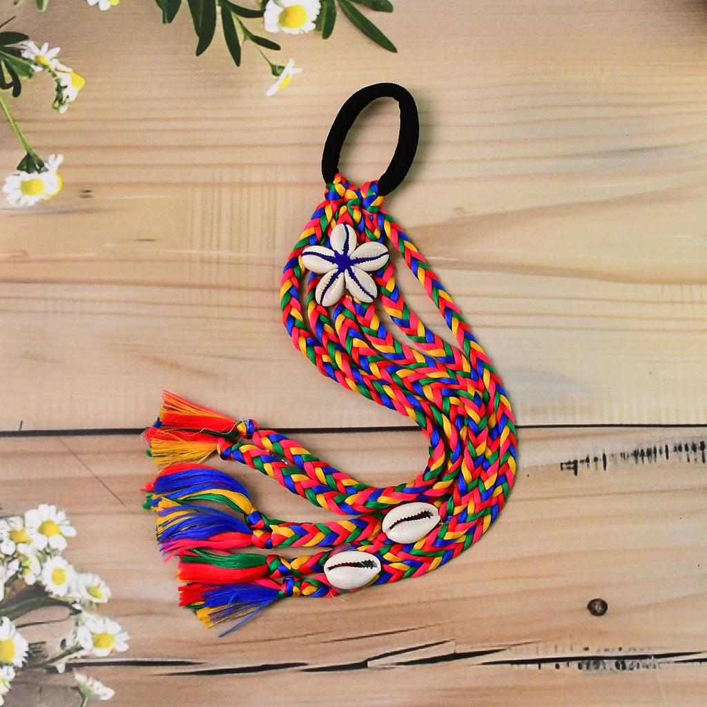 Festive braided hair accessory with elastic band and colorful tassels