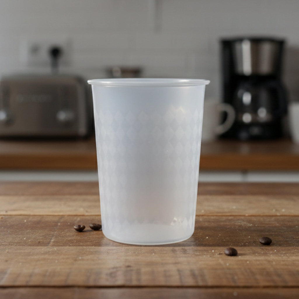 Clear plastic reusable drinking glass with textured grip for comfort
