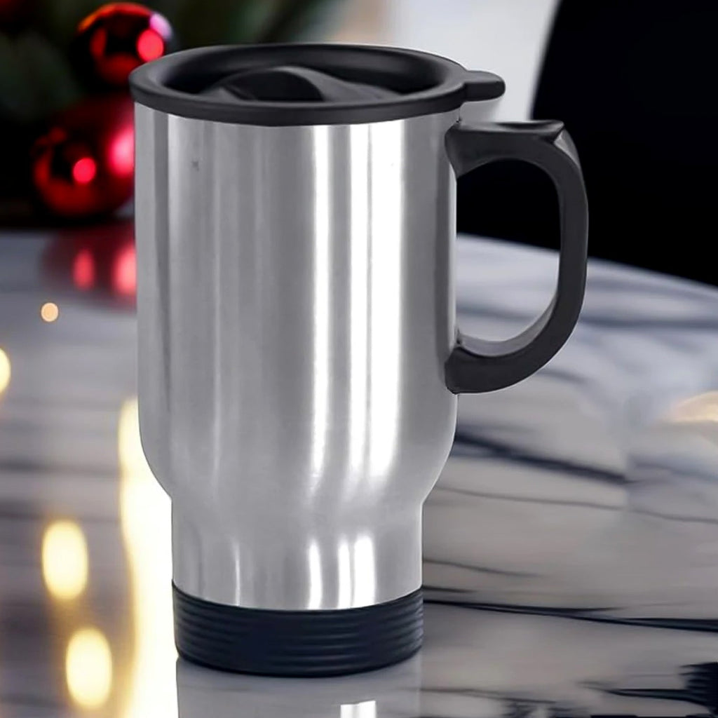Insulated coffee mug fitting perfectly into a car cup holder.
