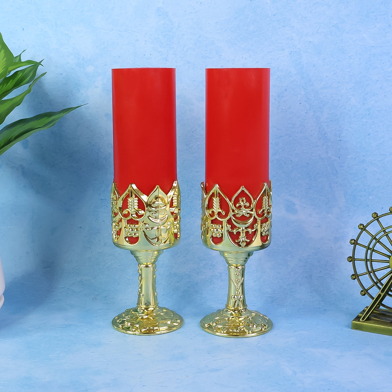 Decorative LED candle lamp set showcasing elegant design and golden base