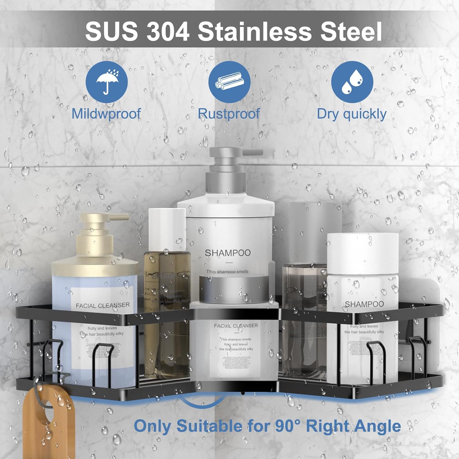 Mounted stainless steel corner shelf organizer with space-saving design in bathroom corner