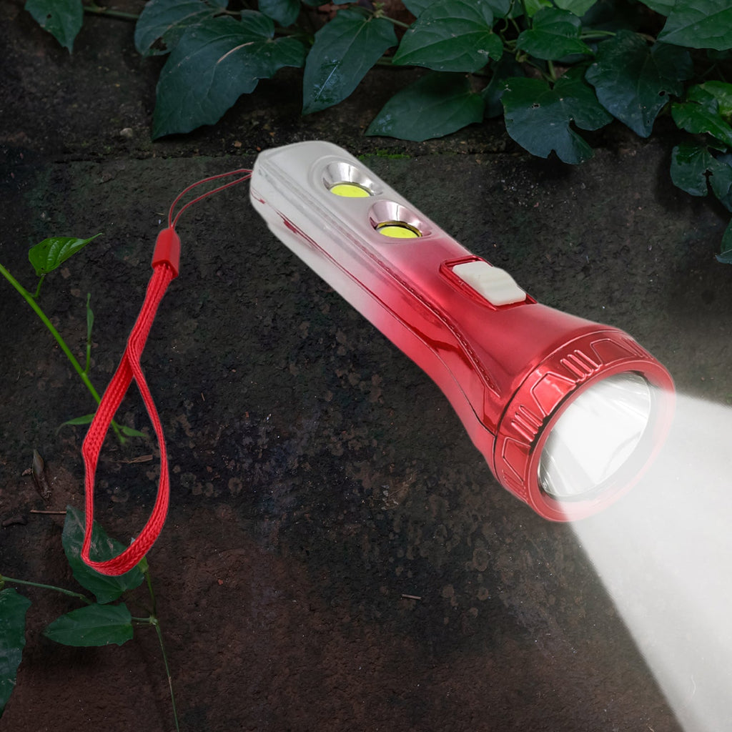 Powerful LED flashlight beam cutting through the darkness.