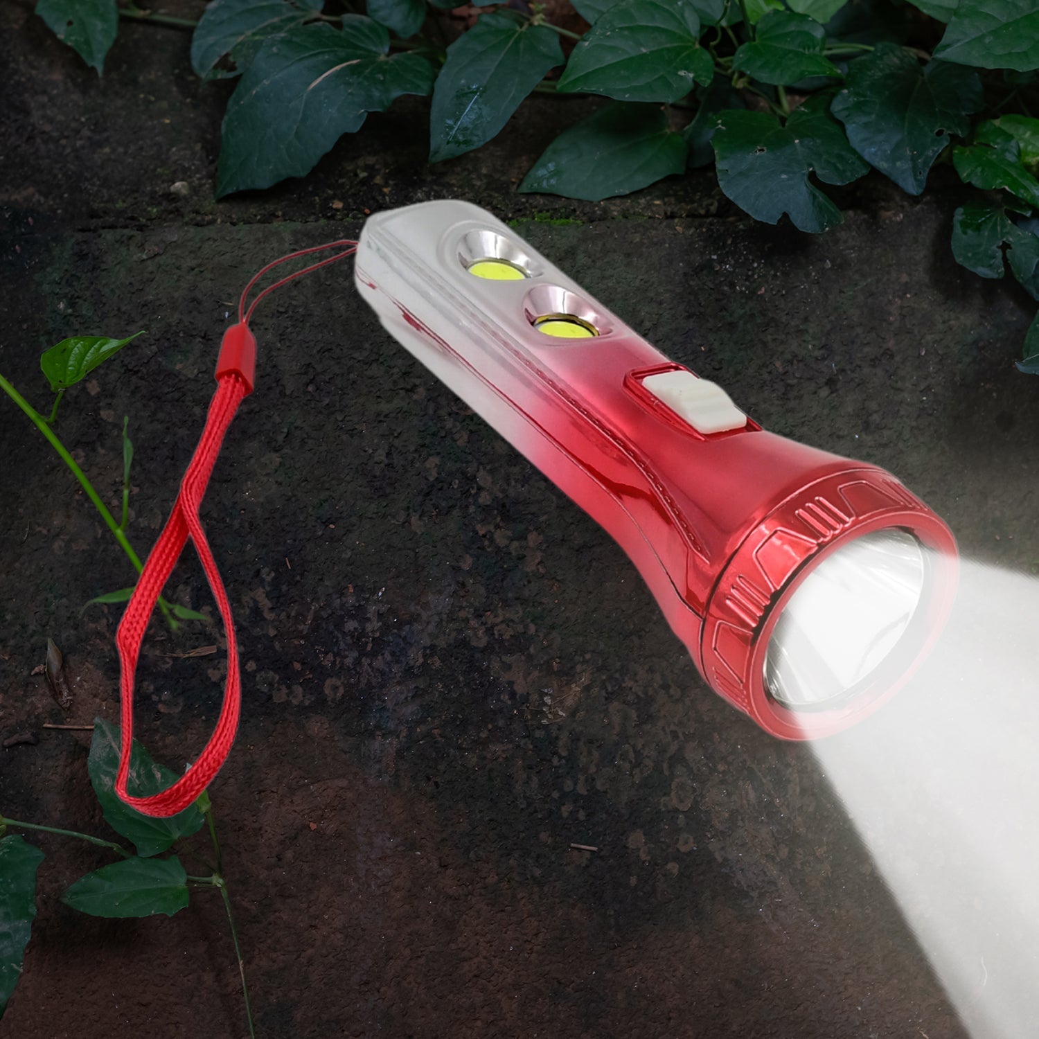 Powerful LED flashlight beam cutting through the darkness.