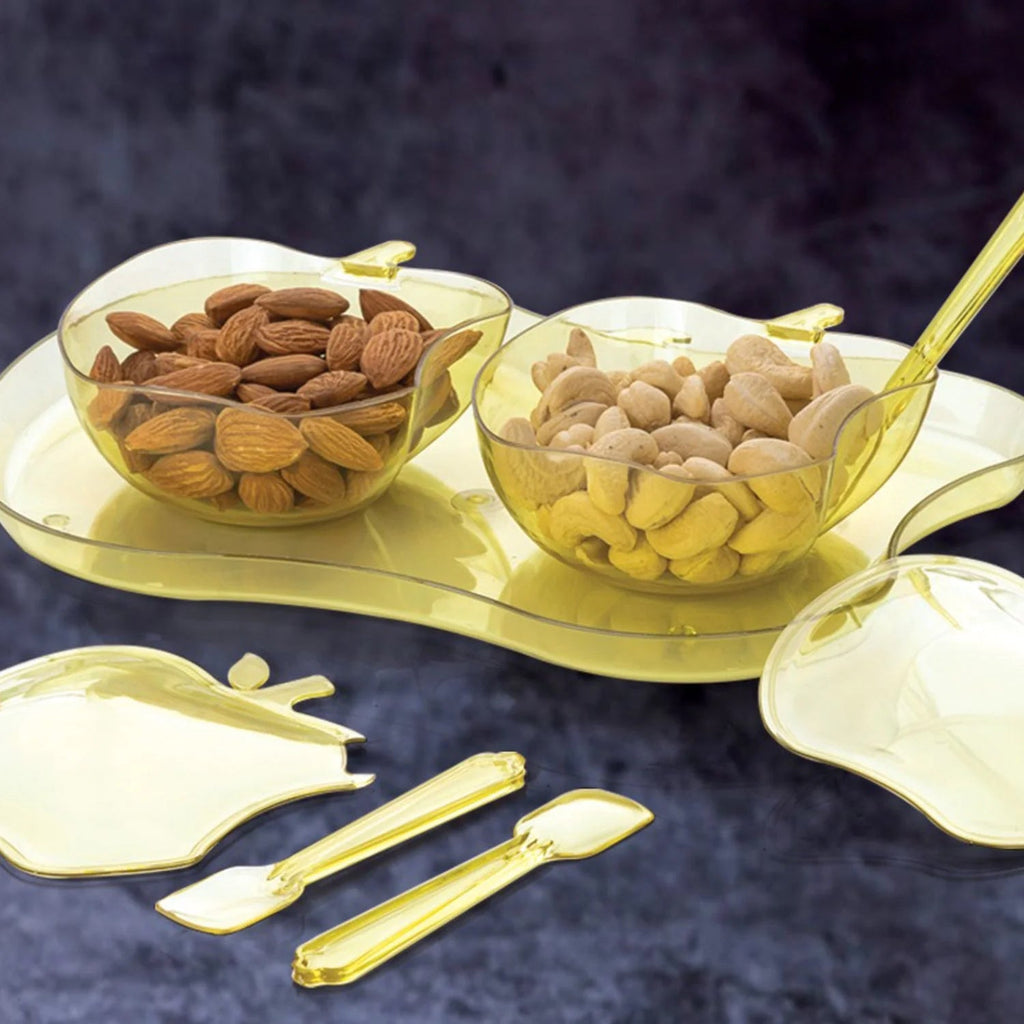 Close-up of the apple-shaped snack bowl with sweets.