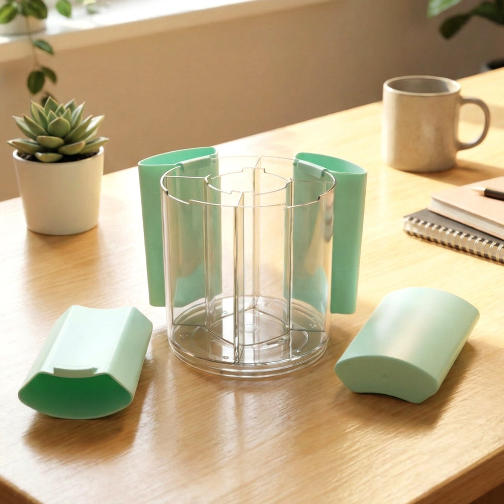 Top view of compact rotating pen holder with central pen cup