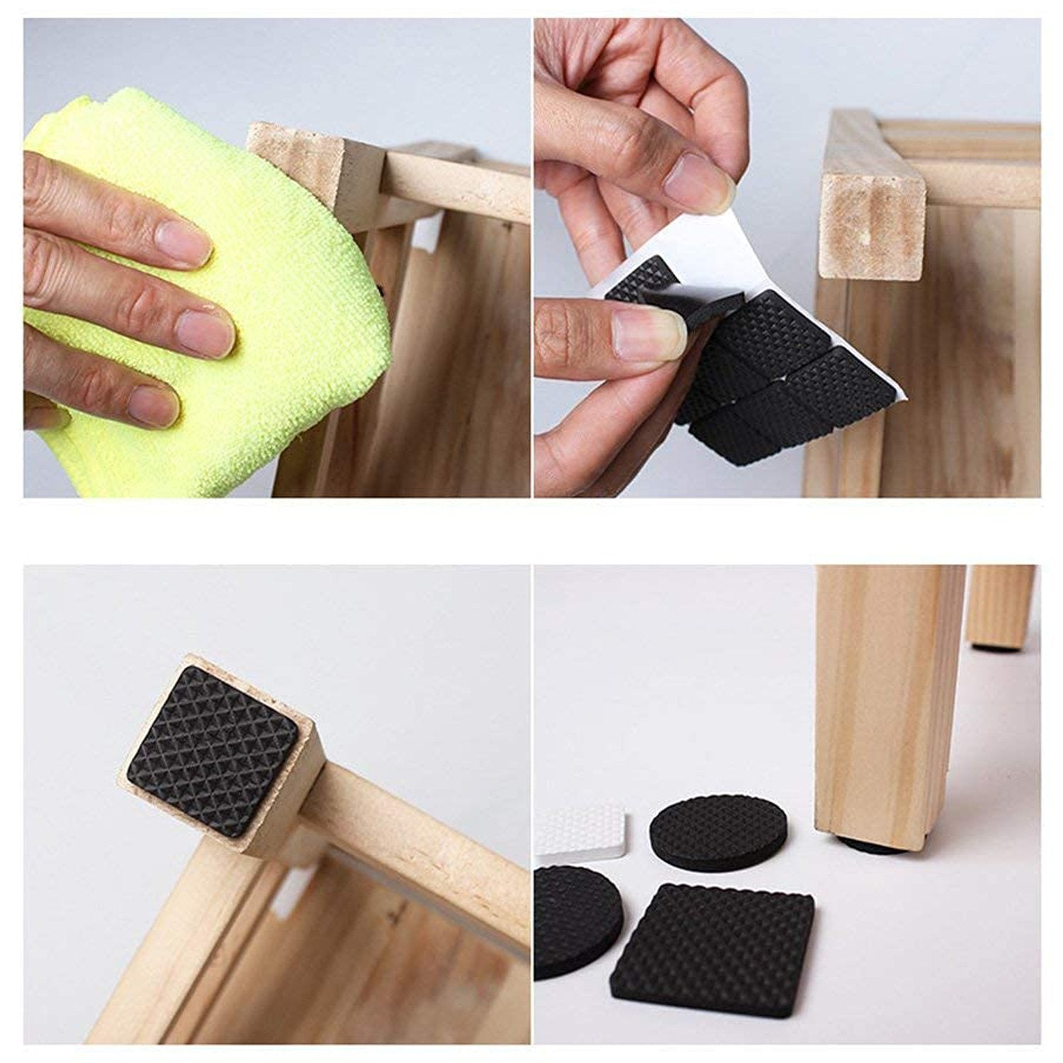 Various sizes of square self-adhesive furniture pads for different furniture types.