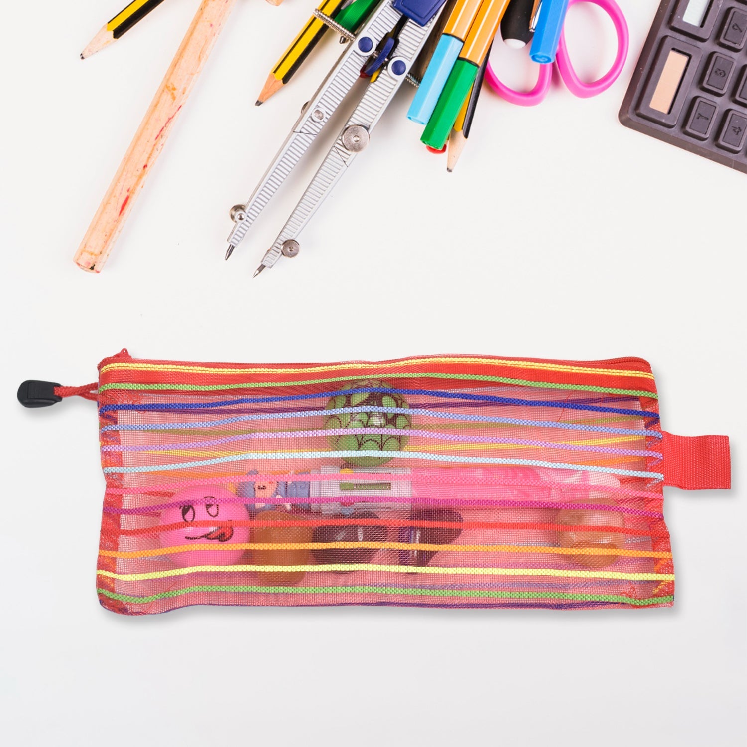 Inside view of the transparent mesh pouch, revealing ample storage space.