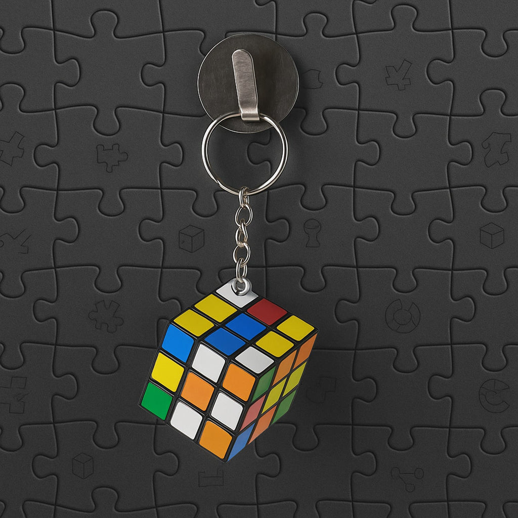 Mini Magic Cube Puzzle keychain rotated to display its intricate design.