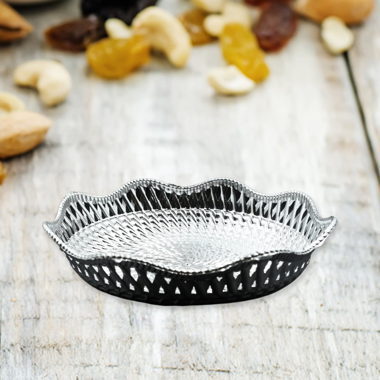 Multipurpose round platter for serving dry fruits and snacks.