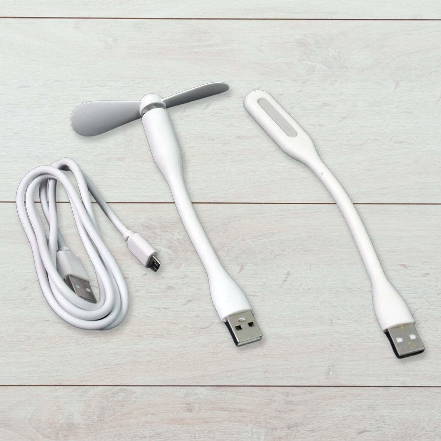 The Portable USB Fan Set components laid out, including the fan, light, and micro USB cable.