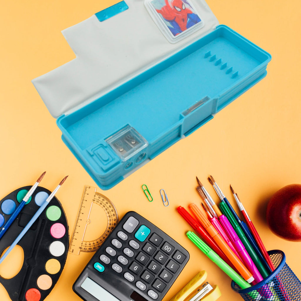 Cartoon multifunction kids geometry box with calculator and sharpener.