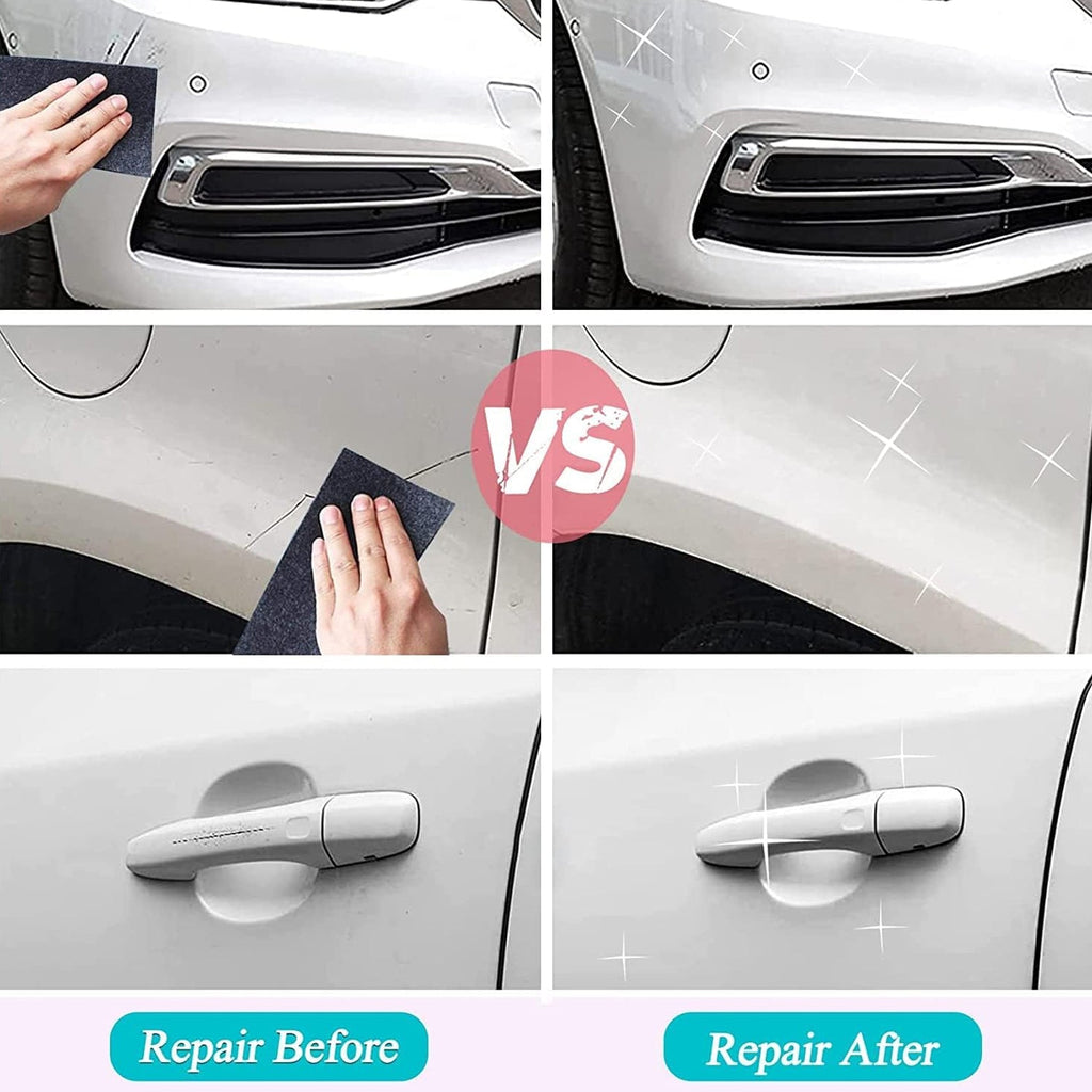 Before and after demonstration showing light scratches removed from car paint using the kit.
