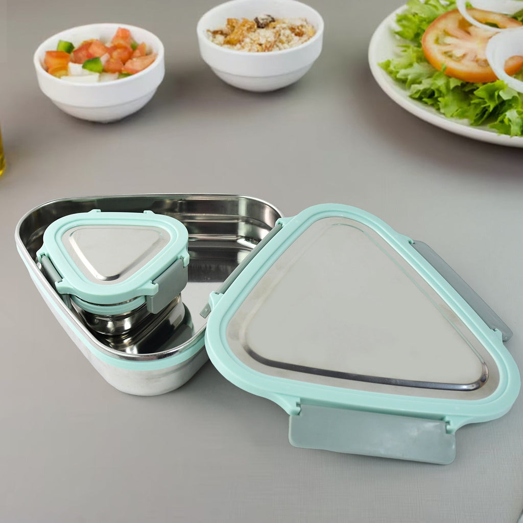 Modern triangle lunch box with stainless steel containers inside BPA-free shell