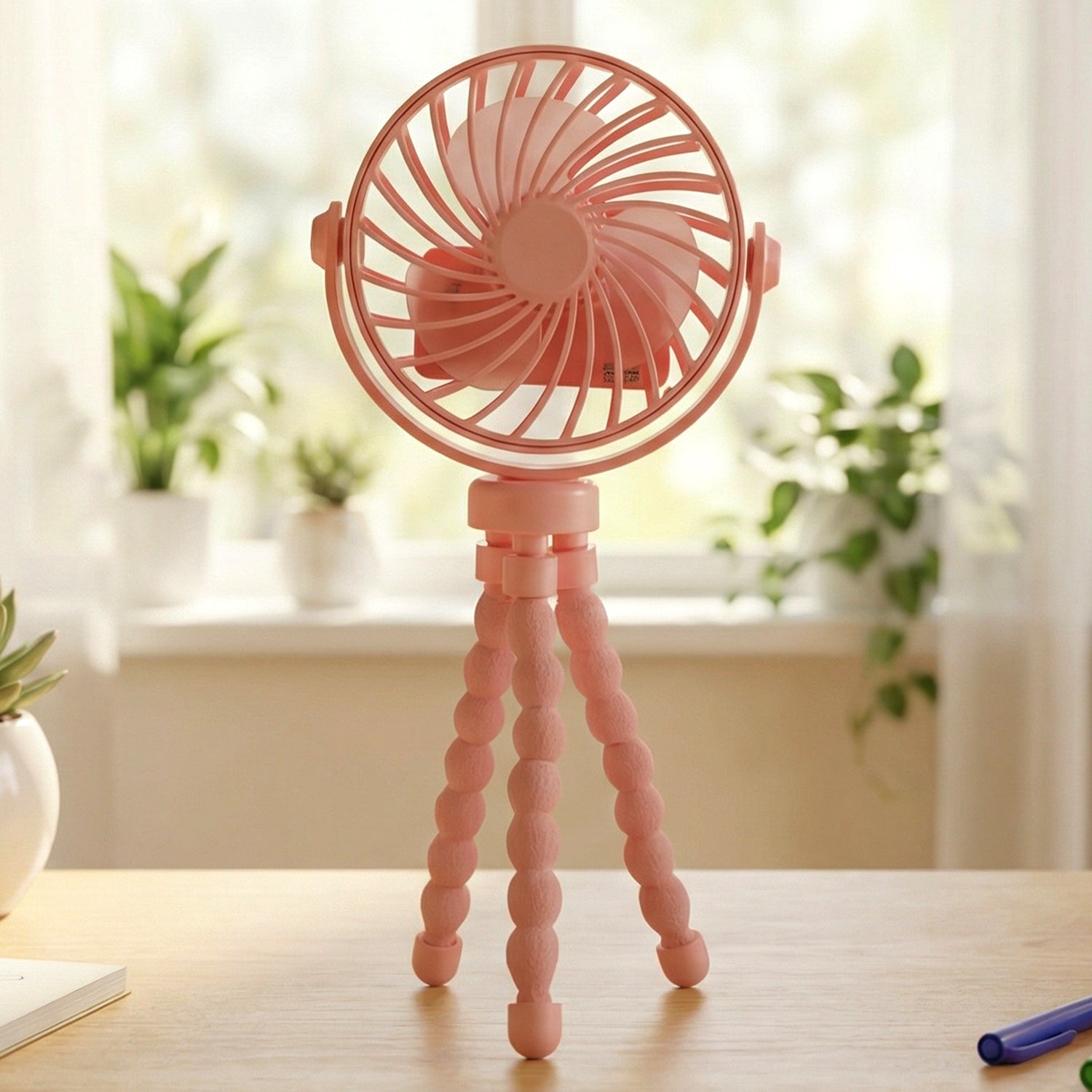 Portable LED fan securely positioned on table by flexible tripod stand