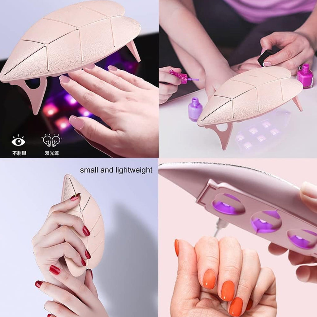 Mini UV LED nail lamp demonstrating its compact size next to a hand for scale.