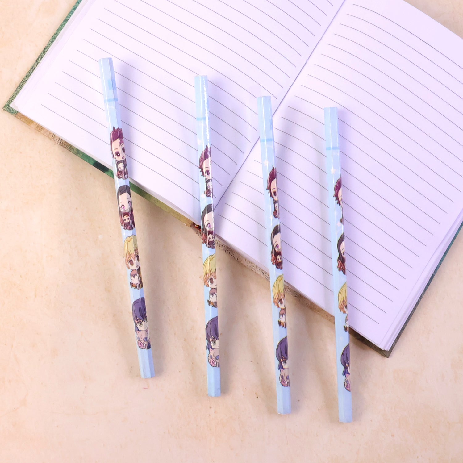Group of colorful cartoon printed pencils ideal for kids' schoolwork
