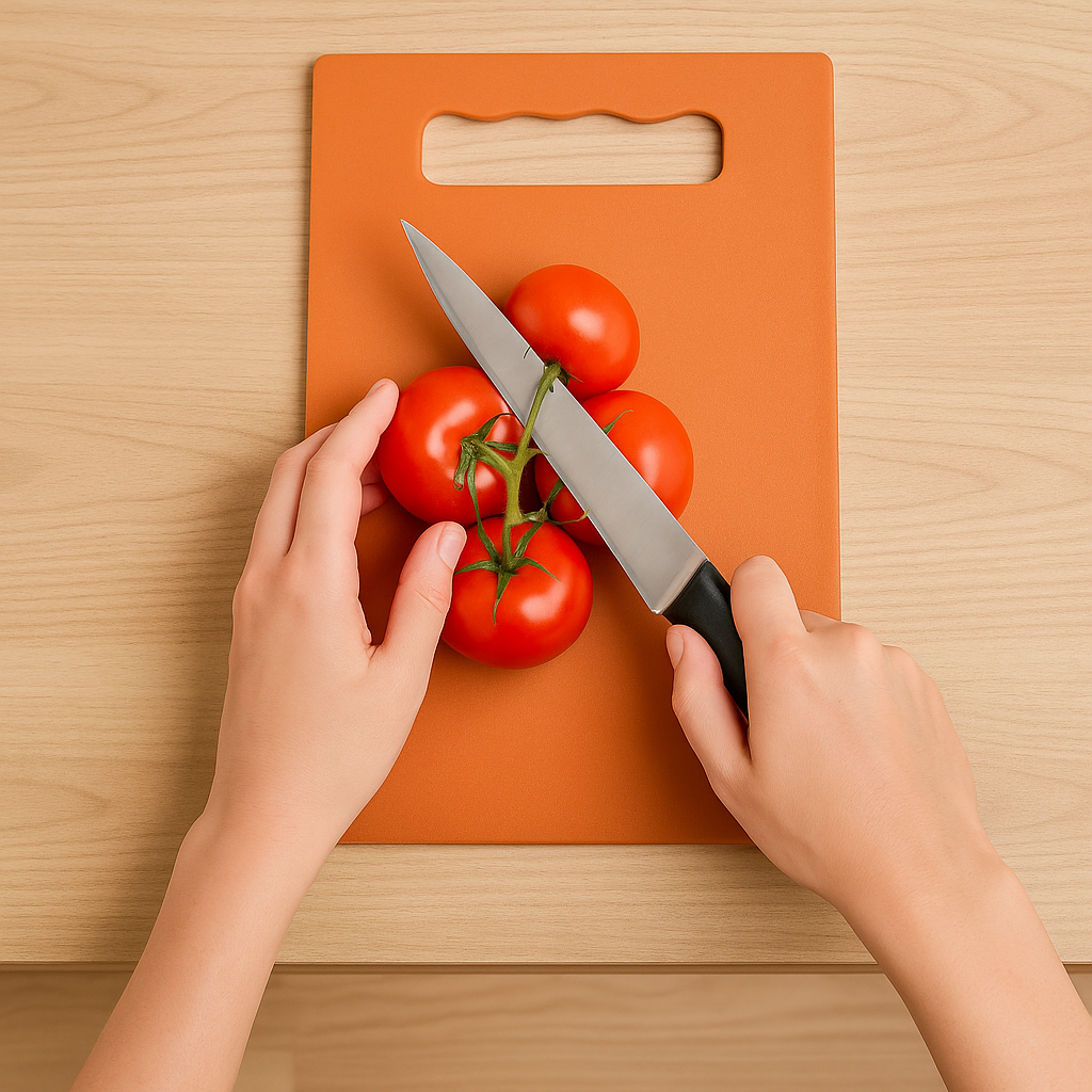 Complete 5-piece kitchen knife set with tempered steel blades and plastic chopping board