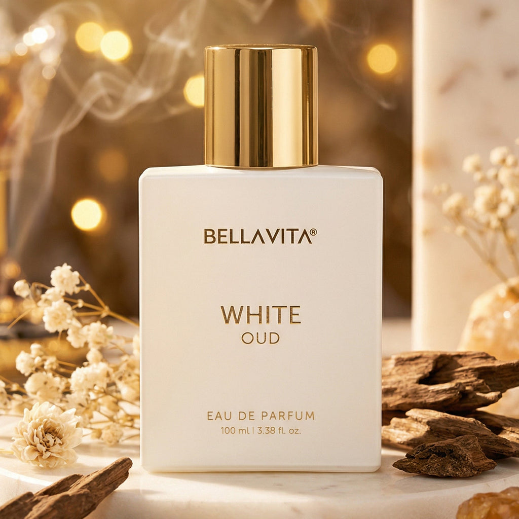 Elegant white perfume bottle with golden details