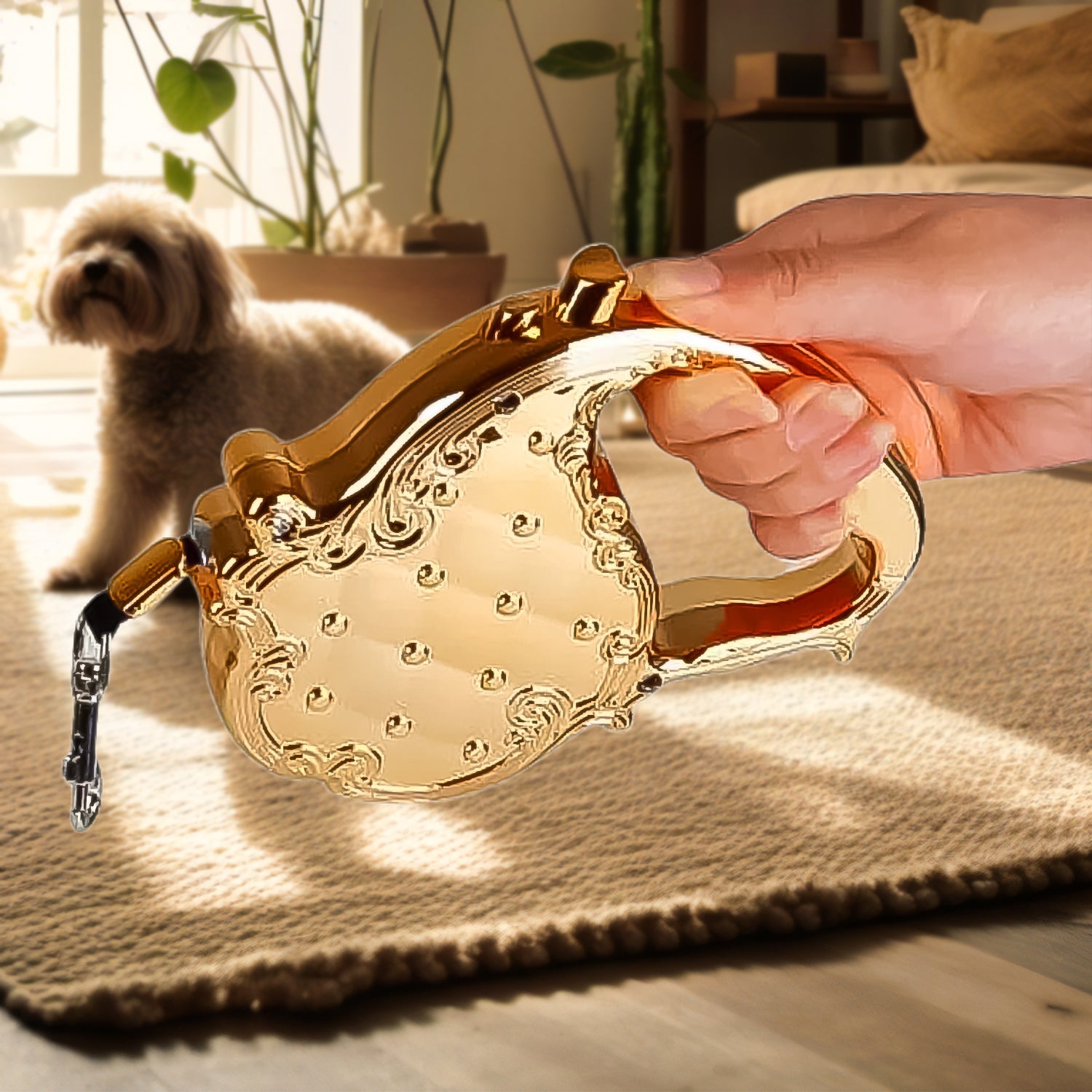 The 3-meter telescopic dog lead extended, showing its durable strap.