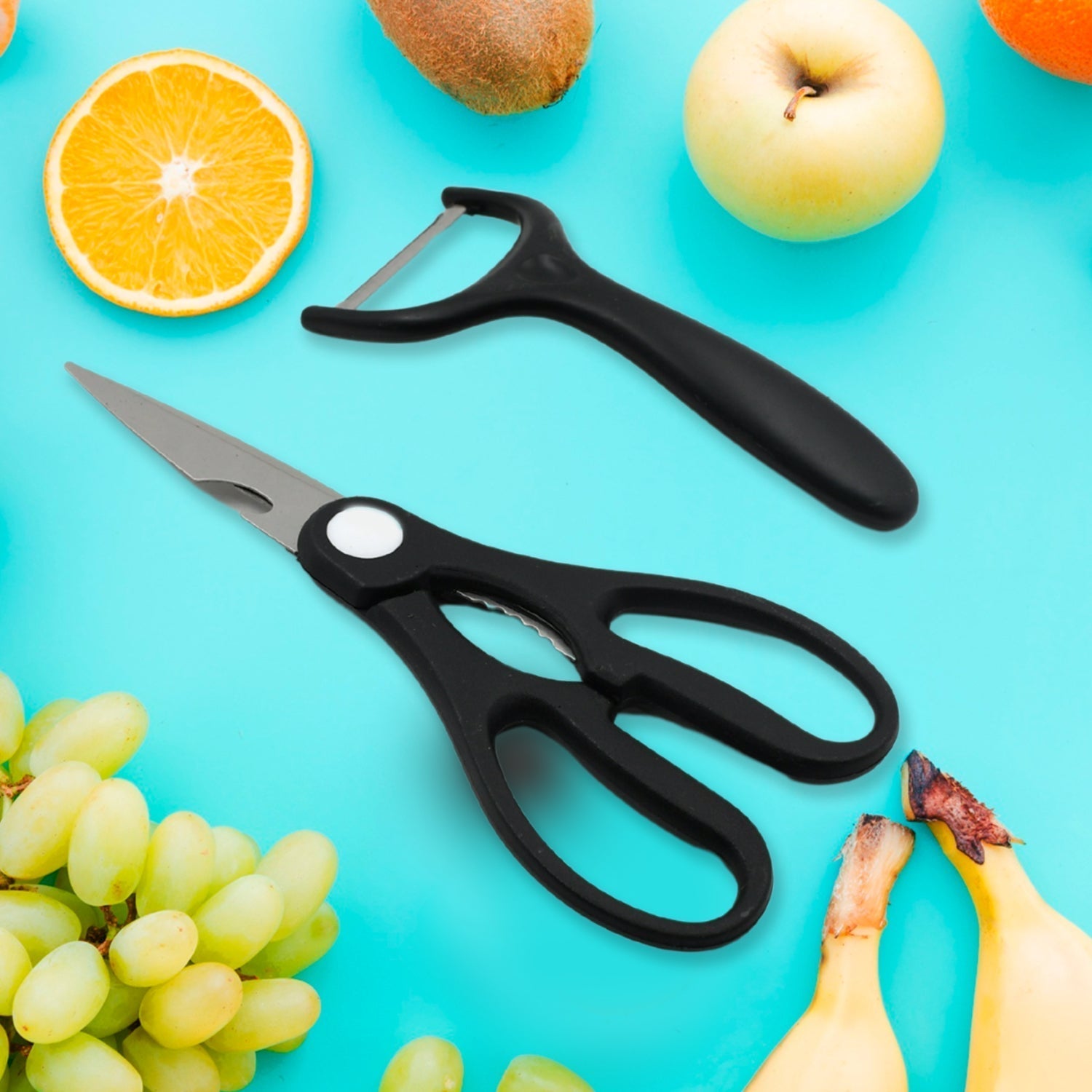 CookAura Kitchen Knife Set in action, expertly slicing assorted fresh vegetables.