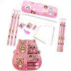 Kids cartoon writing set with vibrant colors and organized pencil box