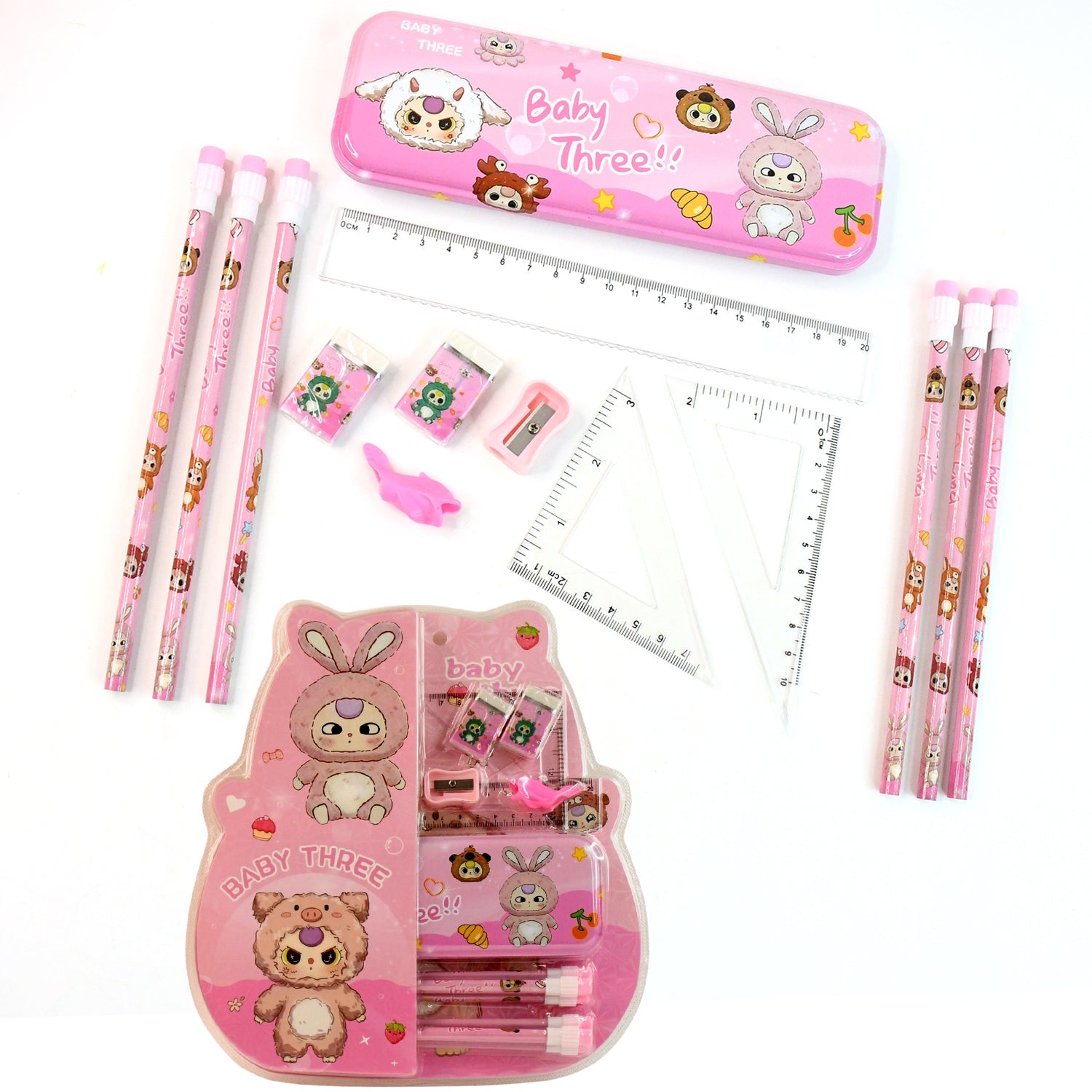 Kids cartoon writing set with vibrant colors and organized pencil box