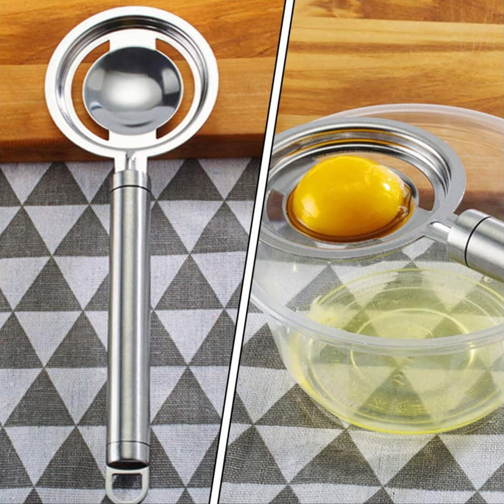 Stainless steel egg separator with a side hook, for convenient use on bowls.
