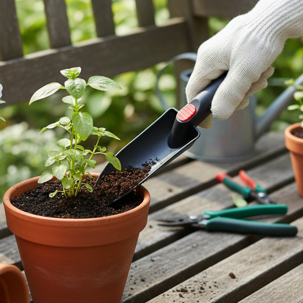 Compact gardening trowel suitable for pots and beds