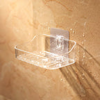Transparent soap dish set highlighting suction cup mounting for wall installation